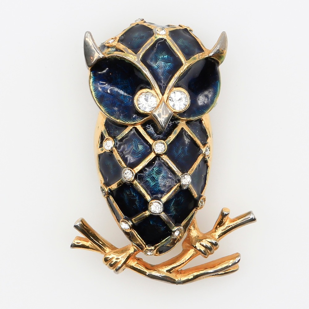 Vintage Marcel Boucher Owl Bird Brooch Blue Enamel‎ Rhinestone Gold Tone 1960s